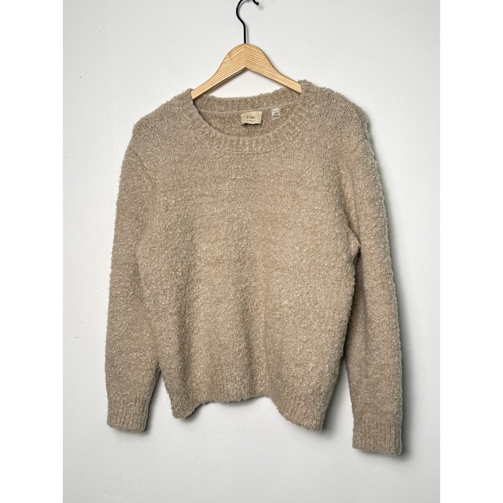 Elie Tahari Womens Beige Boucle Knit Wool Blend Crewneck Pullover Sweater Size M